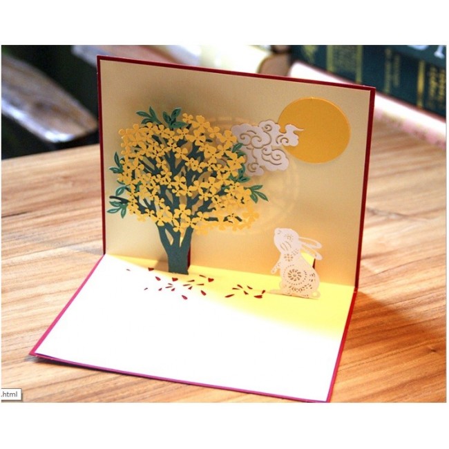 Handmade Origami Papercraft Paperart 3d Popup Pop Up Card Rabbit Moon Gold Green Tree Cloud Birthday Card Xmas Christmas Card Greeting Card Black Card Friendship Miss You Easter Get Well Sympathy Card